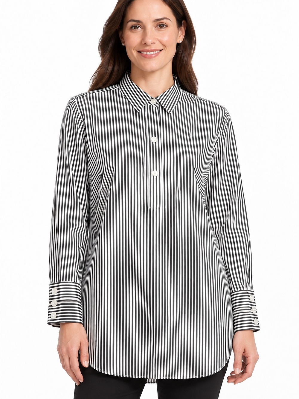 J.Jill Black White Striped Cotton Silk Long Sleeve Popover Tunic Blouse Size Med